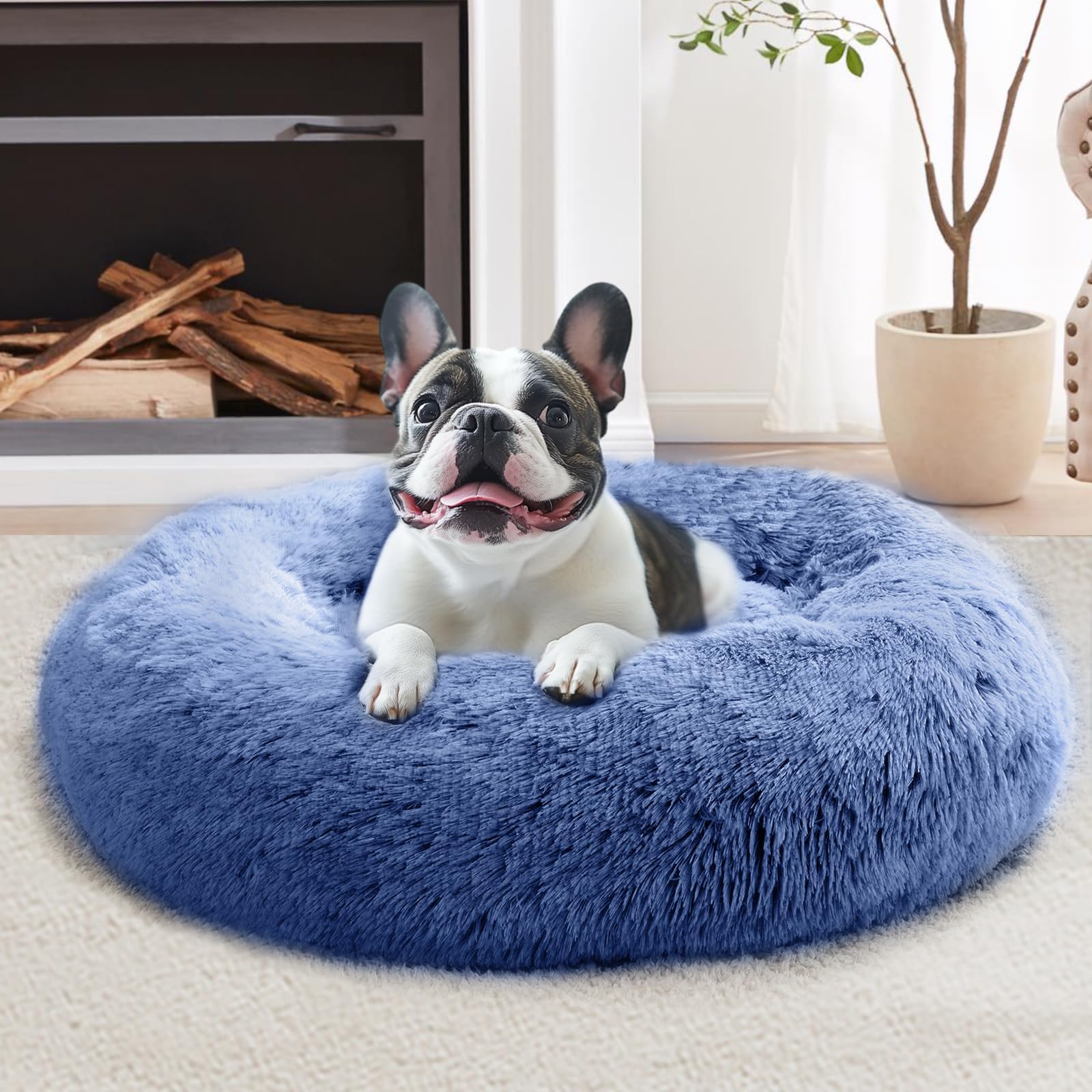 JOLLYVOGUE calming donut dog bed 23in navy — cozy round shape for restful naps.