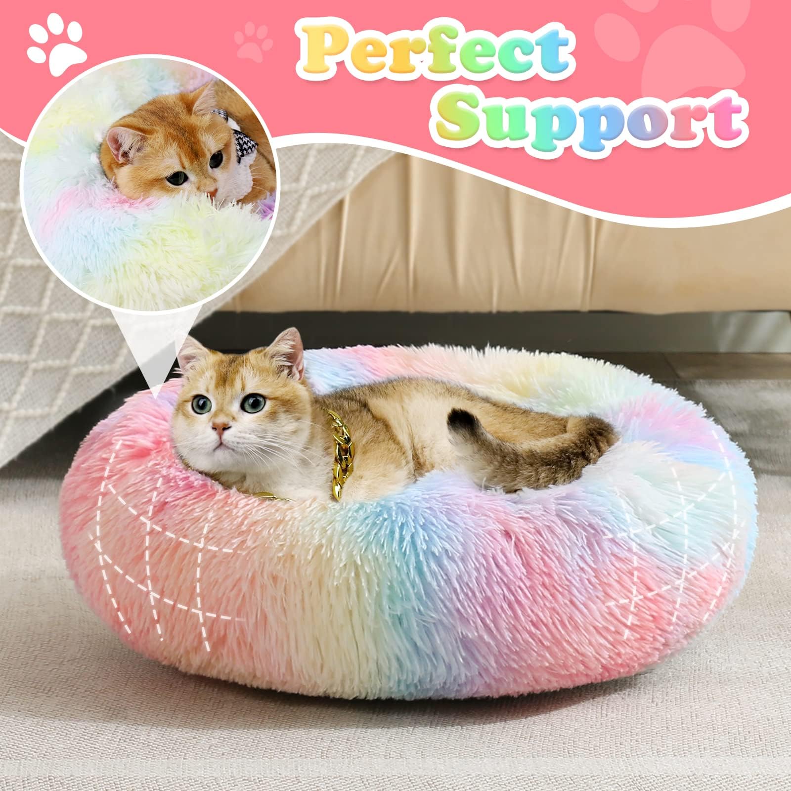 JOLLYVOGUE cat bed donut fluffy plush – soft, secure corner for curling up.