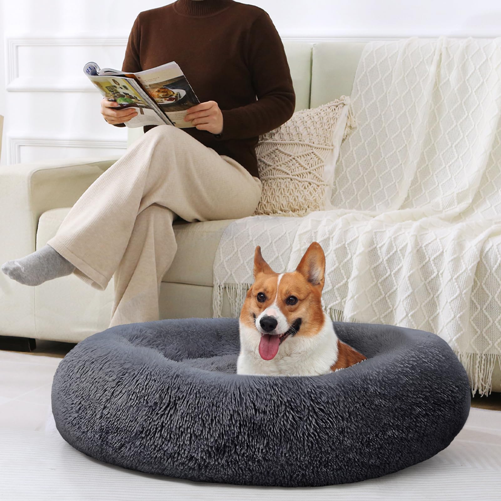 JOLLYVOGUE cozy donut bed in living room for calm, cozy naps.