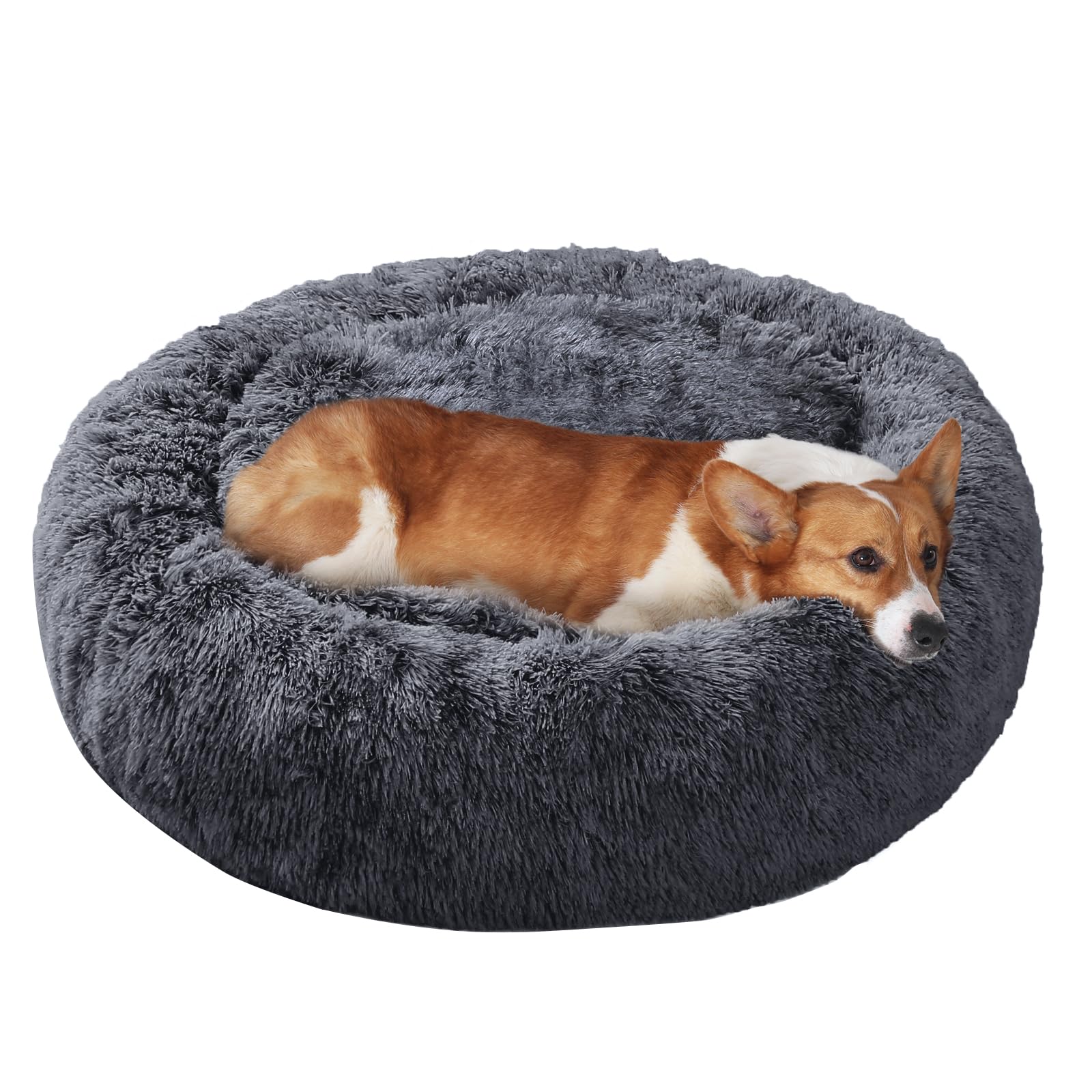 JOLLYVOGUE dog bed 27inch side view shows cozy donut shape for warm, secure naps.