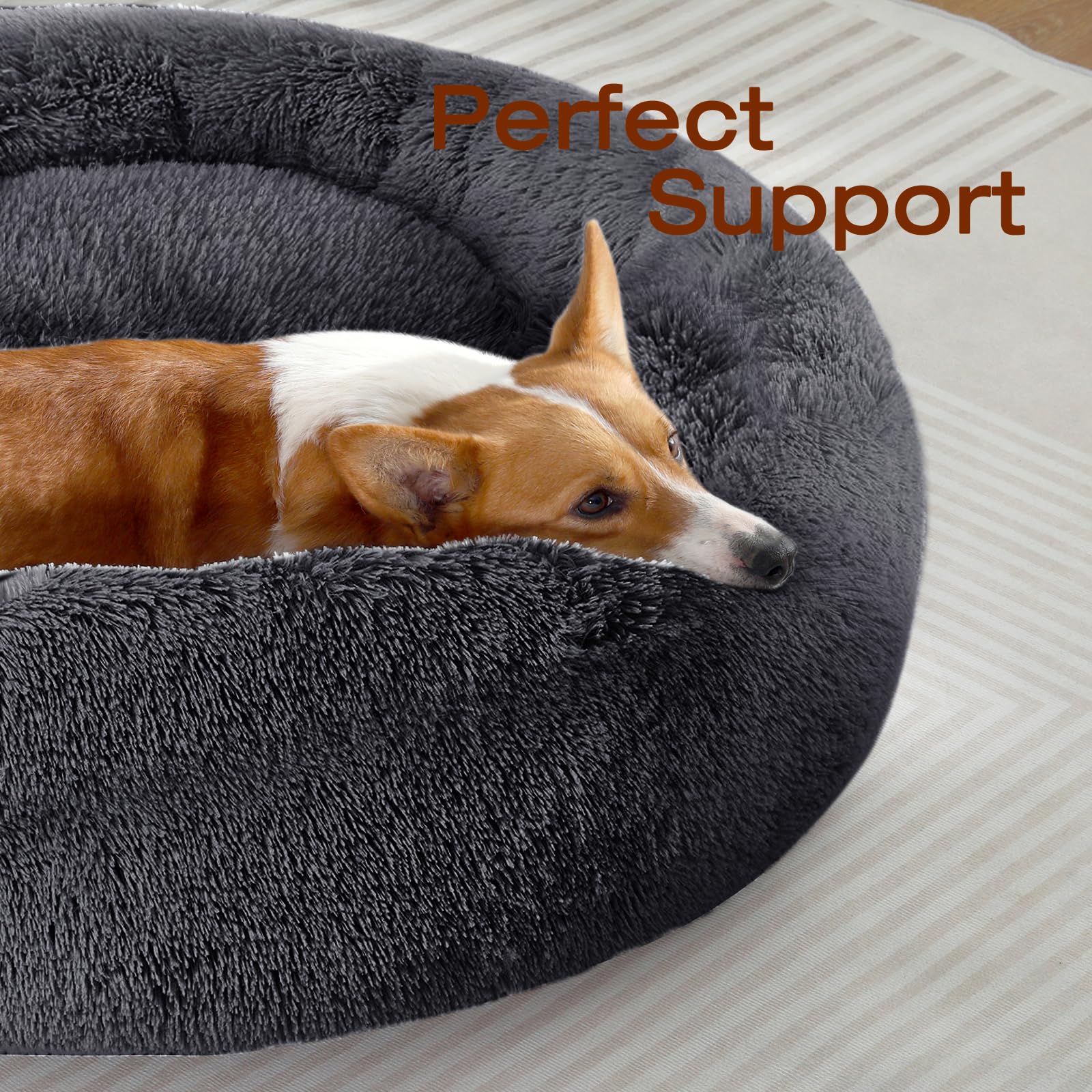 JOLLYVOGUE dog bed 30inch back view highlights plush comfort and neck support.