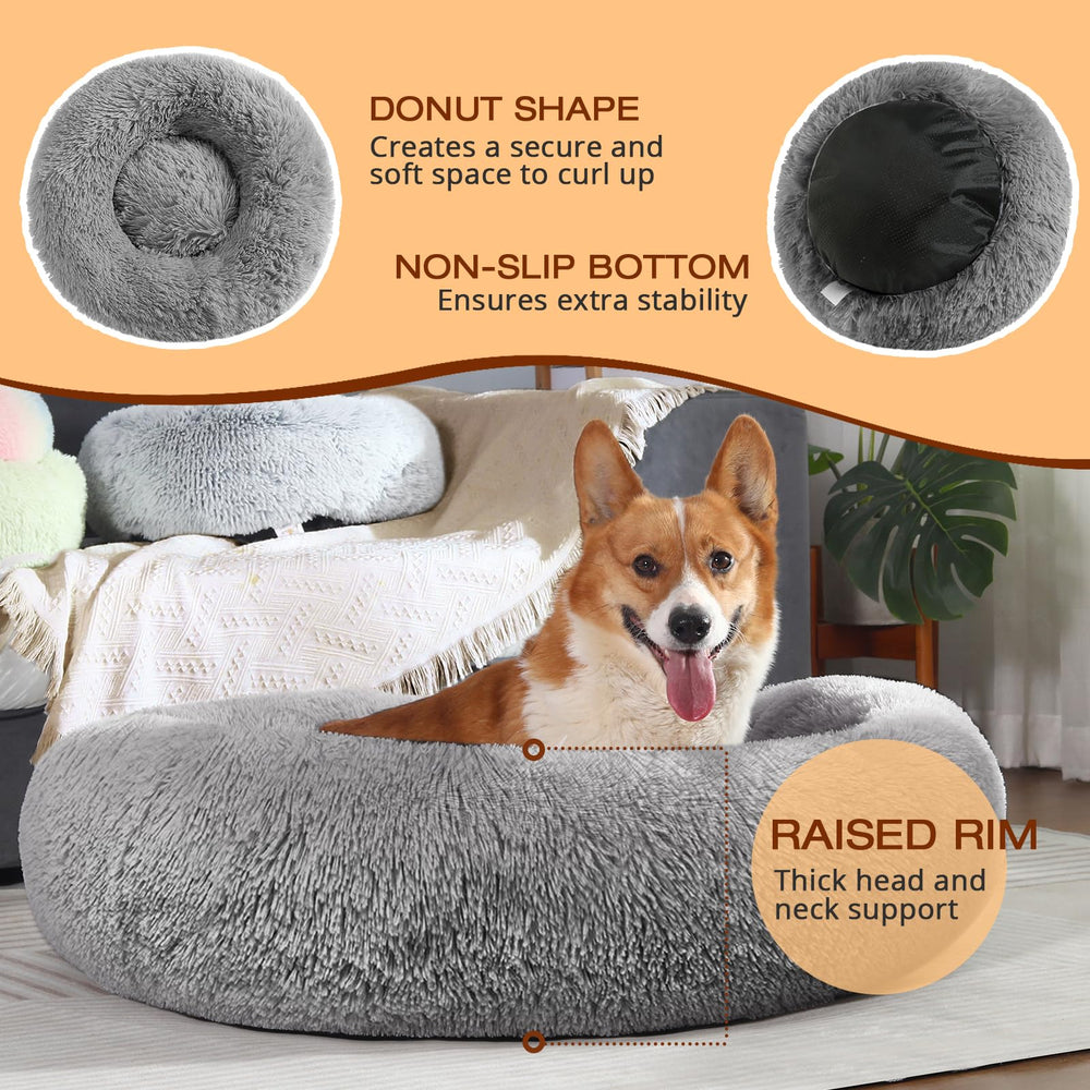 JOLLYVOGUE dog bed donut border-headrest emphasizes head and neck support in a cozy nest.