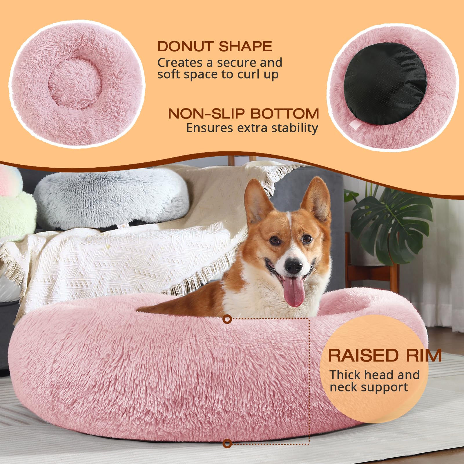 JOLLYVOGUE dog bed donut easy-care cover is machine washable for quick cleanups.