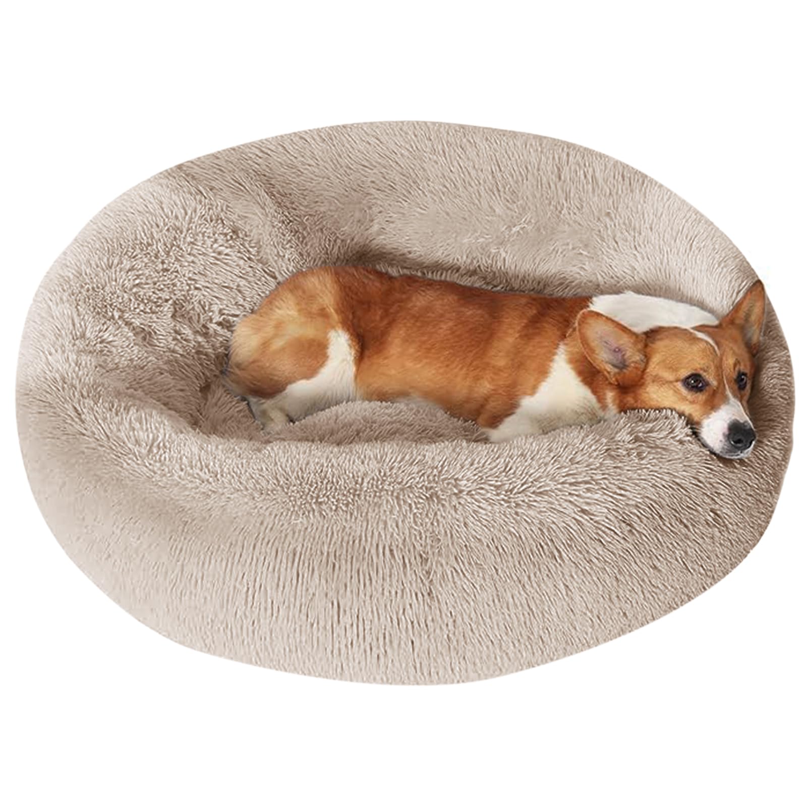 JOLLYVOGUE donut dog bed with fluffy plush fur delivers cozy comfort for pets.