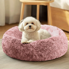 JOLLYVOGUE donut bed close-up shows plush fur for cozy warmth.