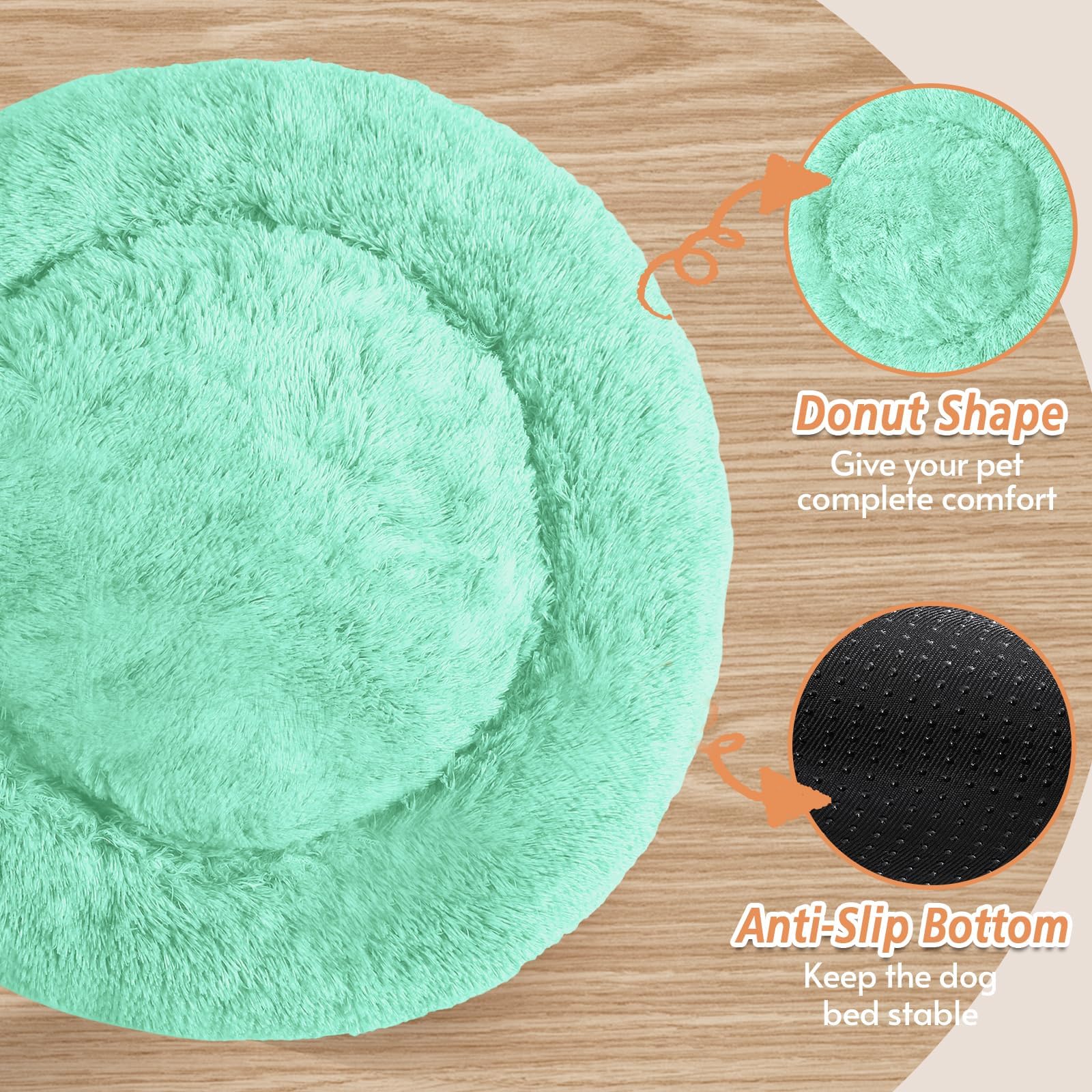 JOLLYVOGUE donut bed fluffy faux fur closeup conveys luxurious softness suitable for nap time.