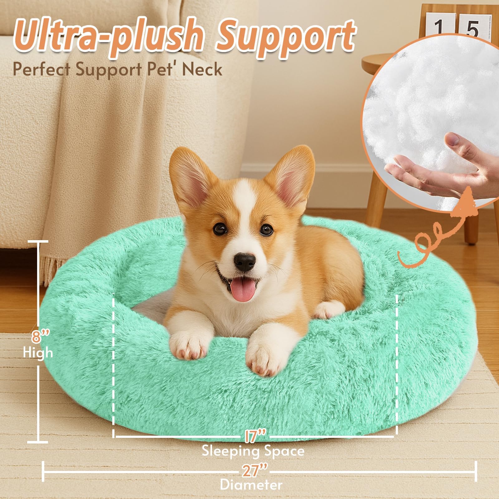 JOLLYVOGUE donut bed non-slip base image stresses stable placement on hardwood or tile.