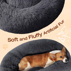 JOLLYVOGUE donut bed closeup emphasizes fluffy faux fur for a soft snuggle.