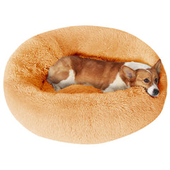 JOLLYVOGUE donut dog bed close-up cover shows plush faux fur for soothing comfort.