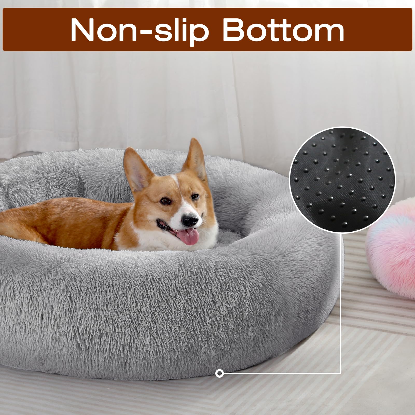 JOLLYVOGUE donut dog bed non-slip bottom keeps the bed in place.