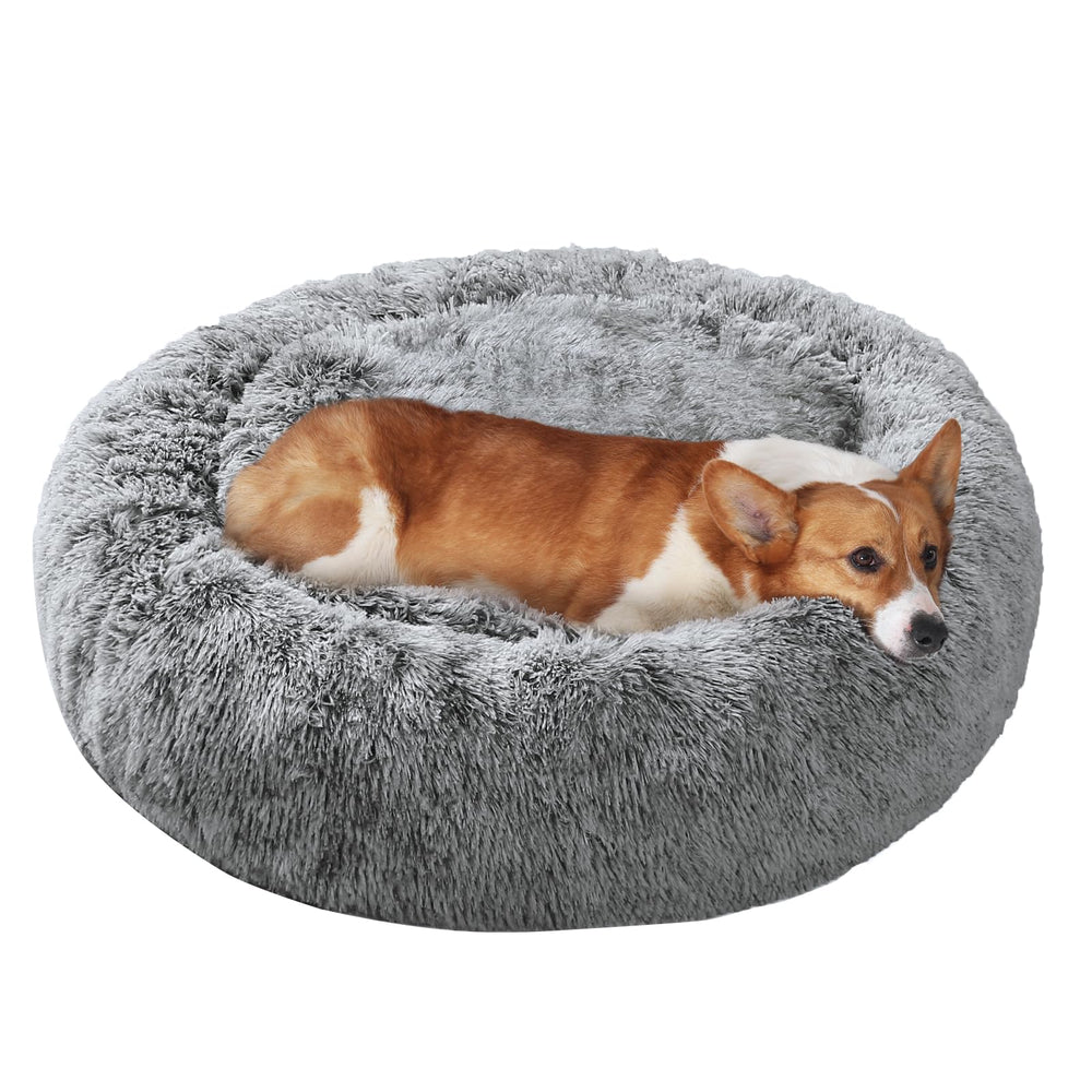 JOLLYVOGUE donut dog bed outer view highlights plush warmth for curling up and comfort.