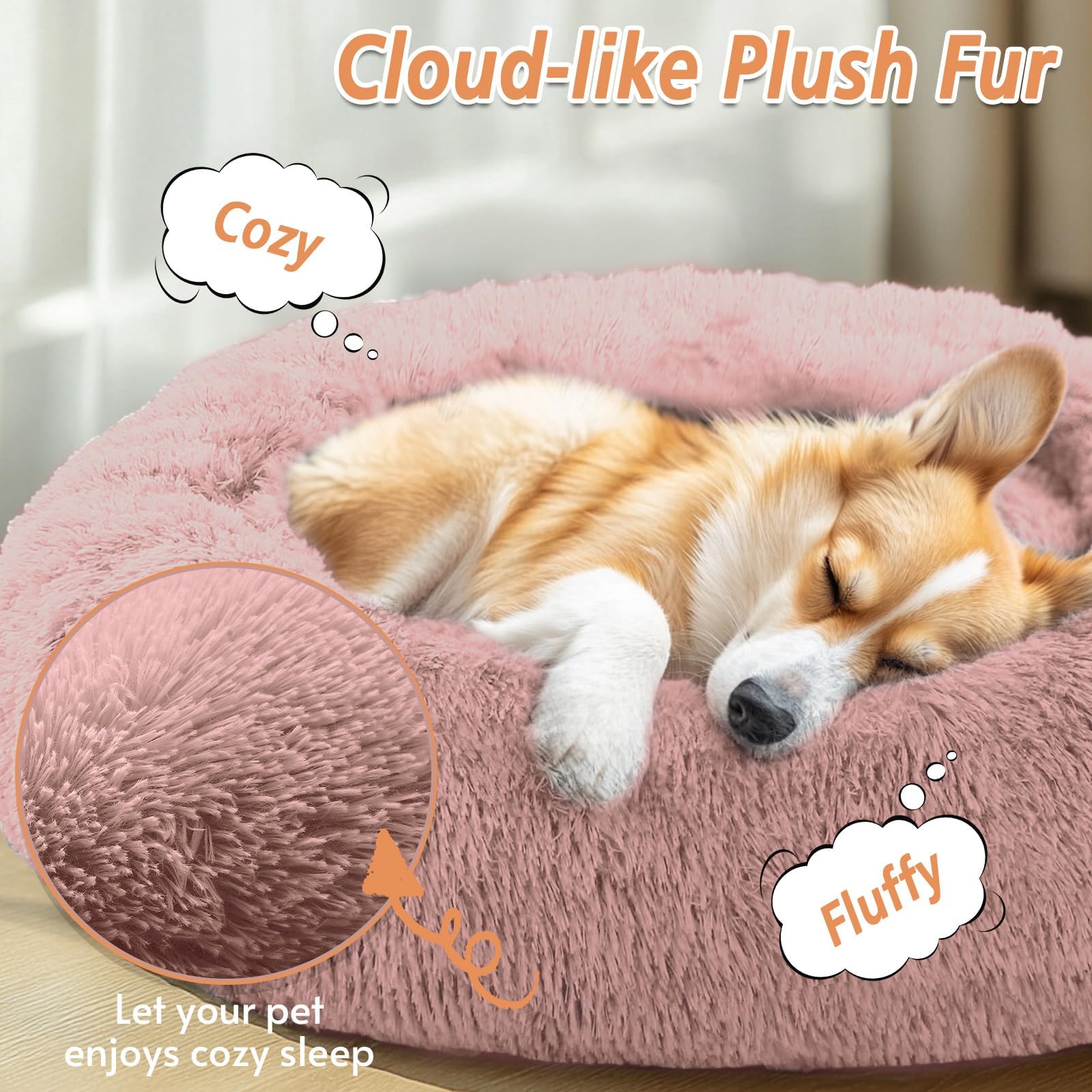 JOLLYVOGUE donut dog bed soft-fluff closeup for cozy snuggles.