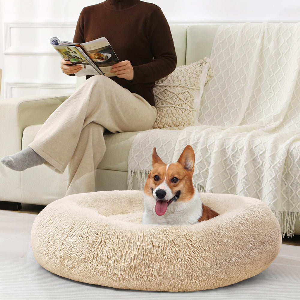 JOLLYVOGUE donut dog bed in winter setting for warmth