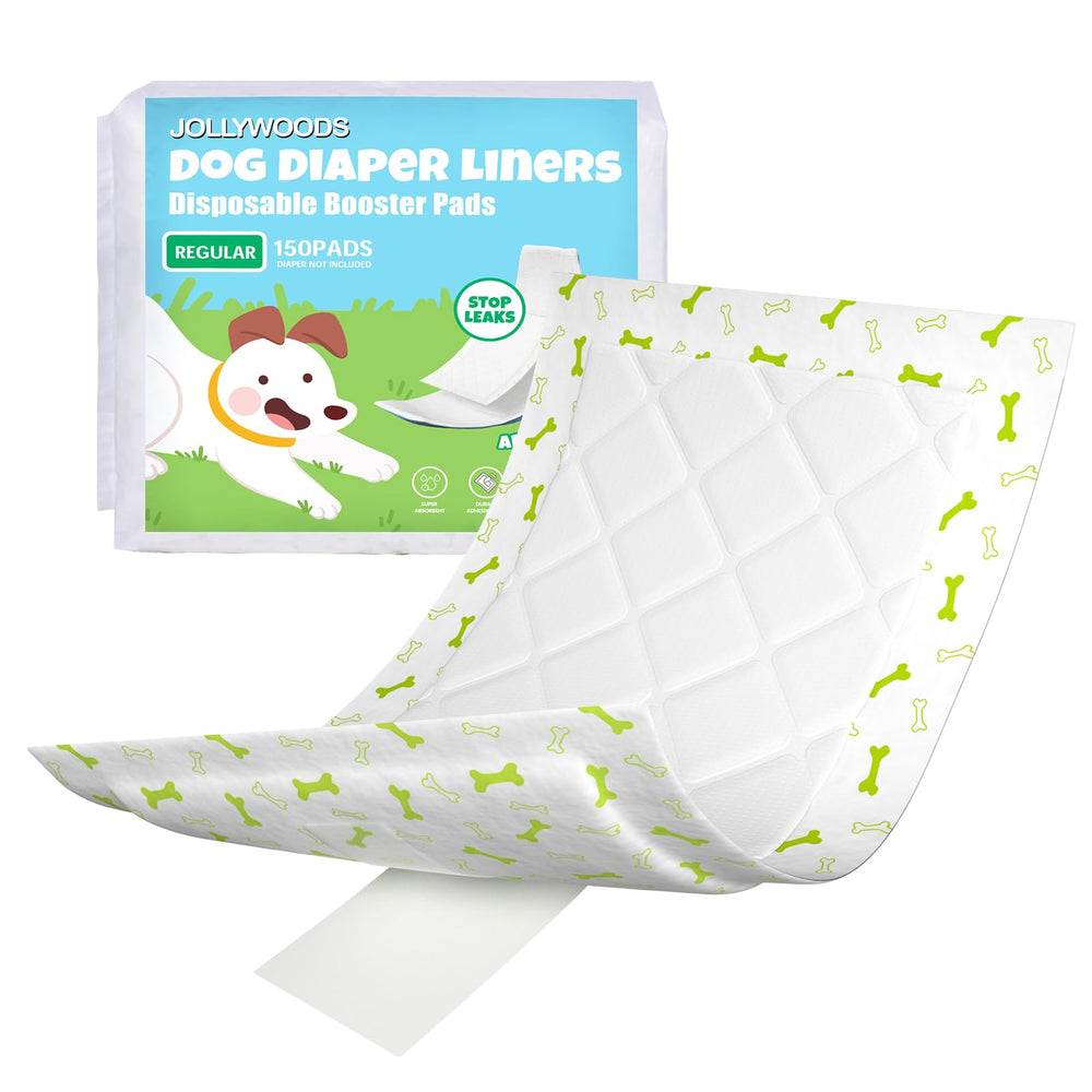 Jollywoods dog diaper liners 150pcs pack highlighting absorbent inserts for leak protection.