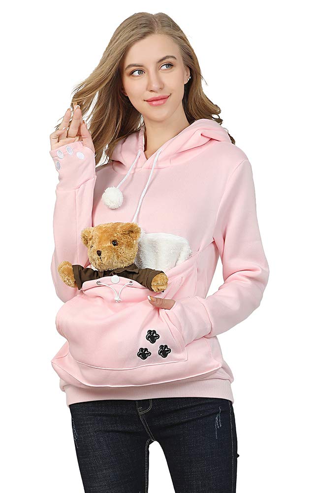 Jomago hoodie model wearing pet pouch for small pets.