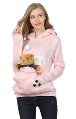 Jomago hoodie model wearing pet pouch for small pets.