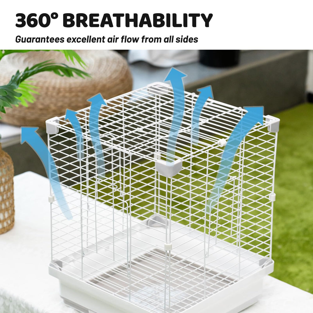 JONS NTY square-base travel cage supports long-tailed birds during travel.