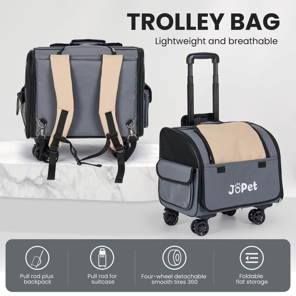 JoPet Pet Bag Carrier with Wheels oat-grey fabric complements travel gear.