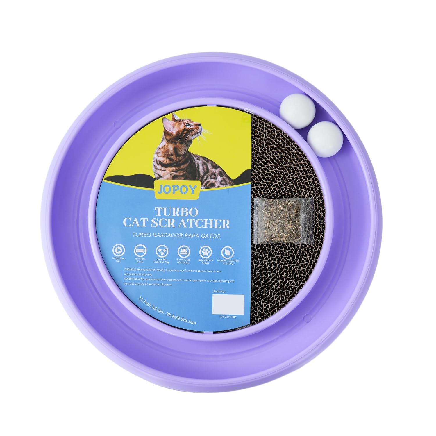 JOPOY interactive cat scratcher with two rotating balls on a track for active play.