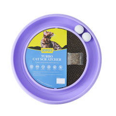JOPOY interactive cat scratcher with two rotating balls on a track for active play.