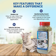JorVet Feline Litter Magnet being sprinkled into litter for scent-driven training.