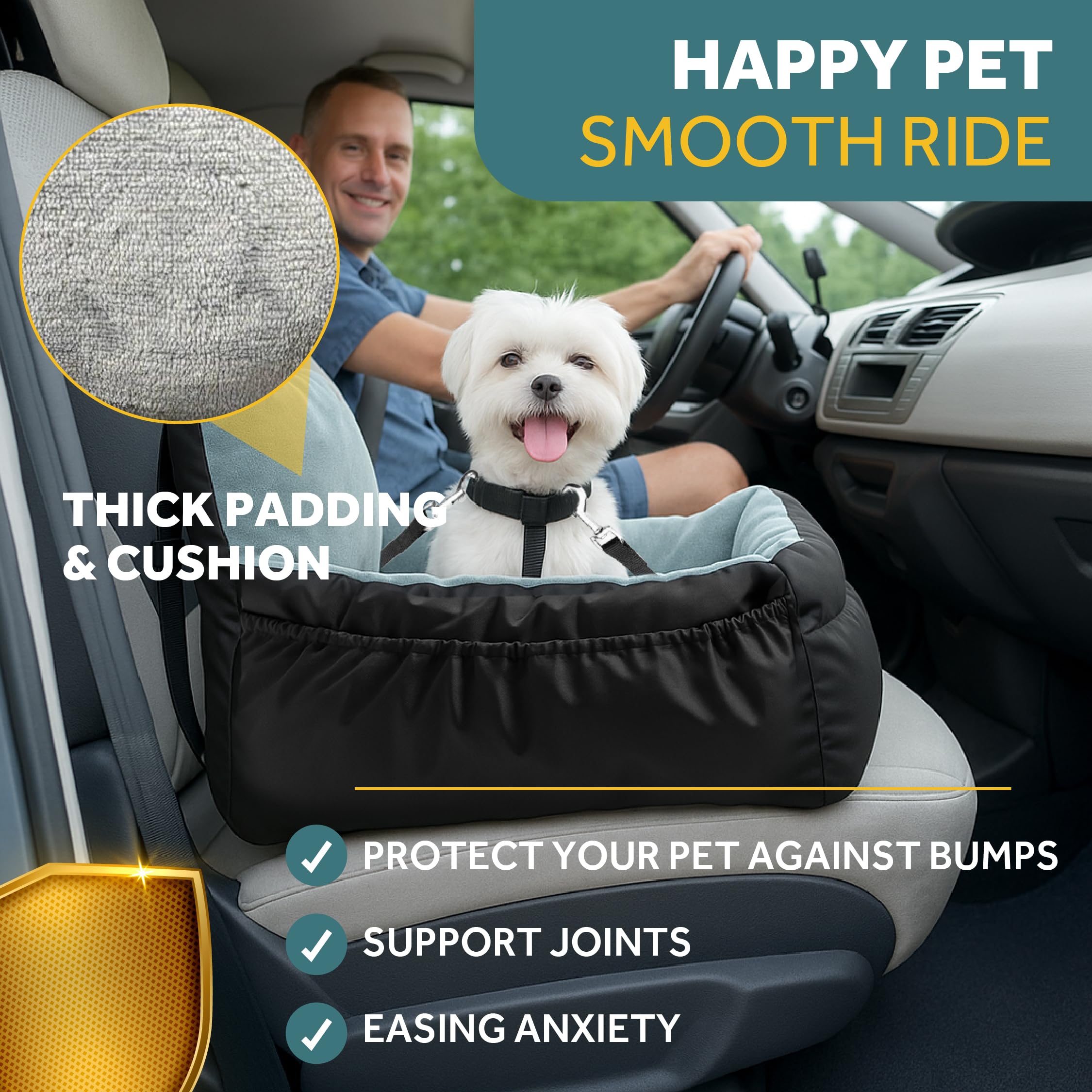 JOTADE car seat with built-in travel organizer keeps toys and treats within reach.