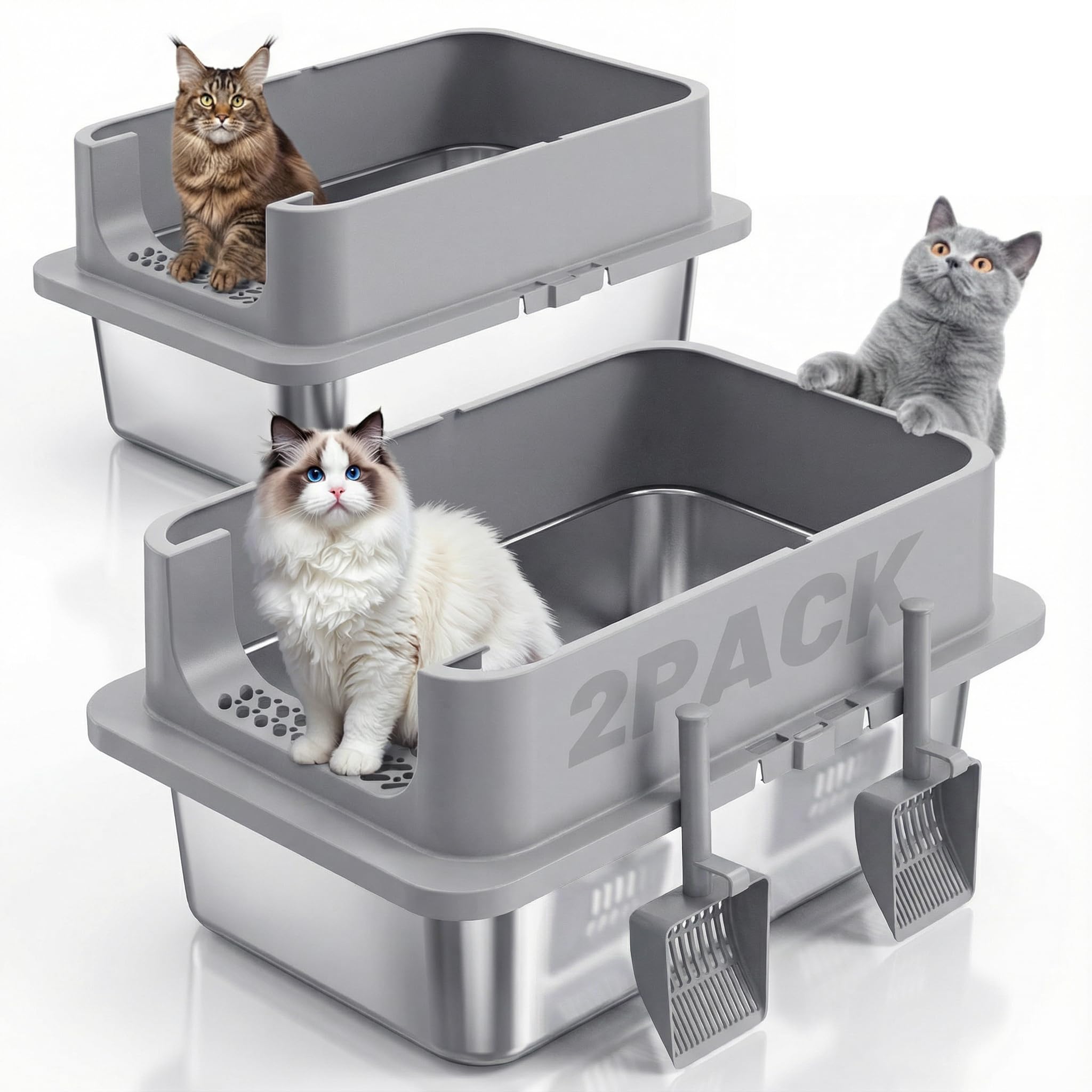 Jotesnew 2-pack XL stainless steel litter boxes with lid for multi-cat households.