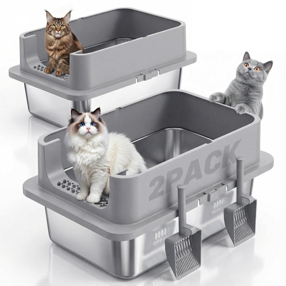 Jotesnew 2-pack XL stainless steel litter boxes with lid for multi-cat households.