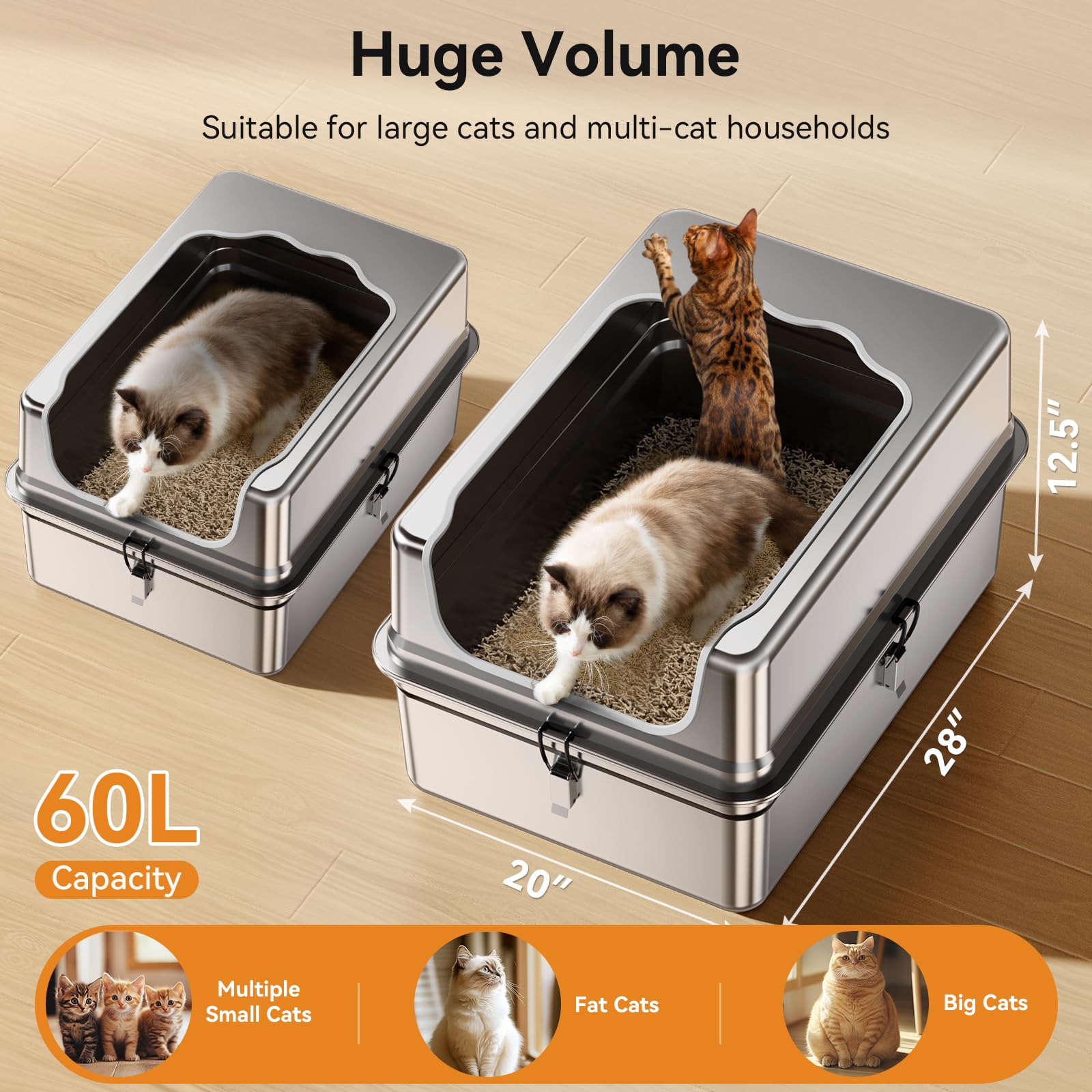 Jotesnew XXXL stainless litter box front angle highlights sturdy anti-leak design