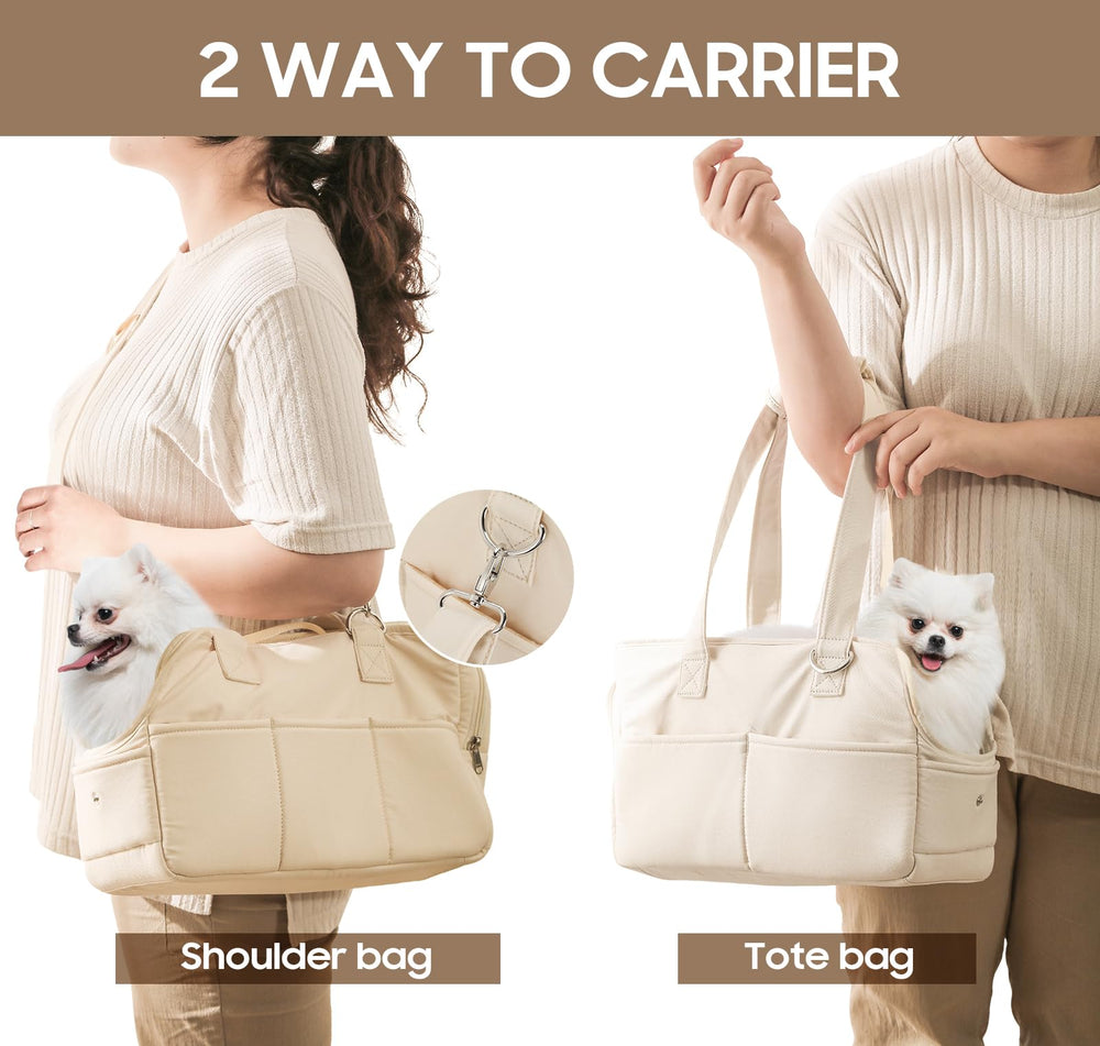 JourCraf dog purse carrier reinforced handle supports comfortable, hands-free carrying