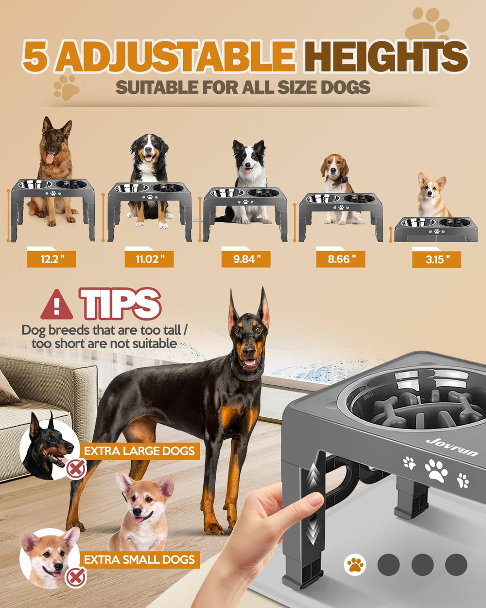 Jovrun elevated dog bowls 5-height setup fits dogs of all sizes