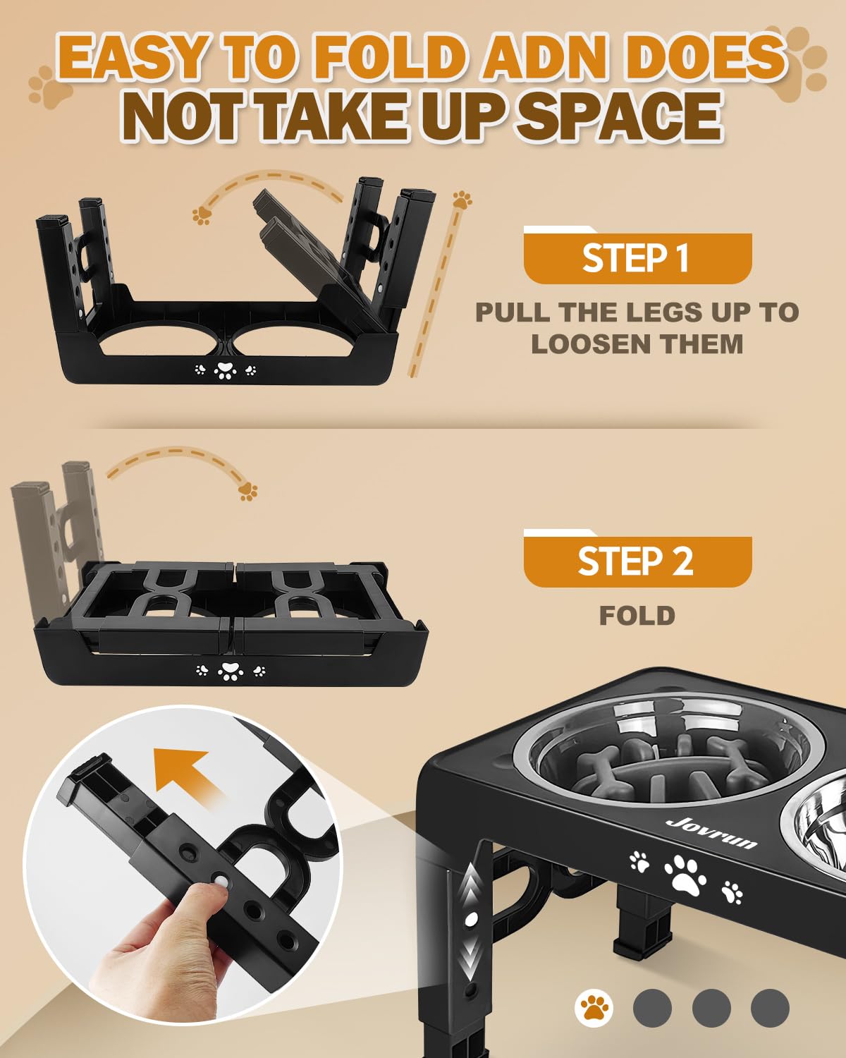 Jovrun elevated dog bowls foldable legs store compactly after meals.