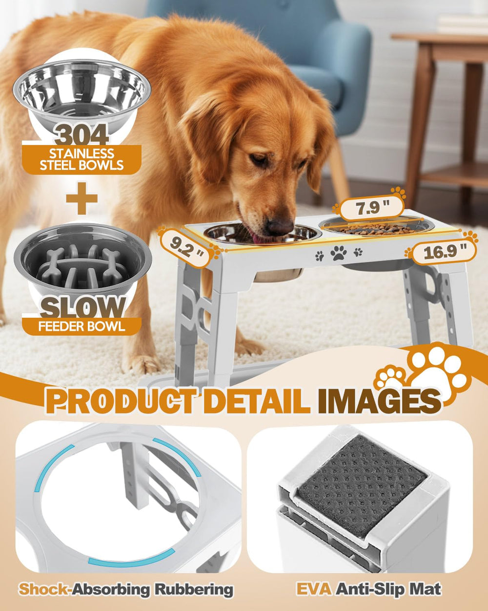 Jovrun height-options presents five settings to fit growing dogs and different dining setups.