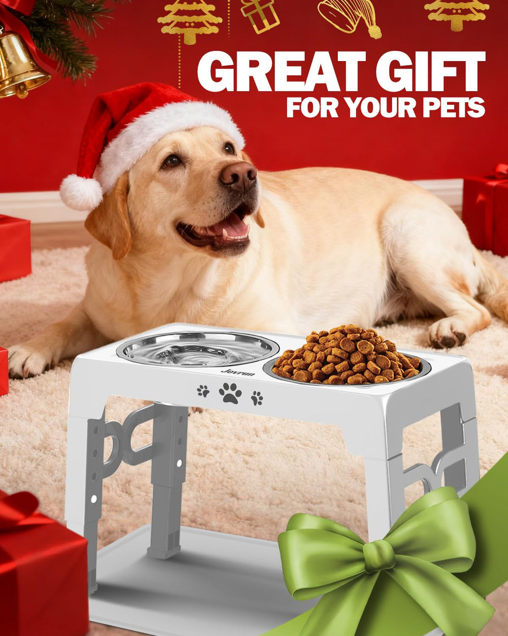 Jovrun silicone-mat keeps kibble and water contained under the elevated setup.