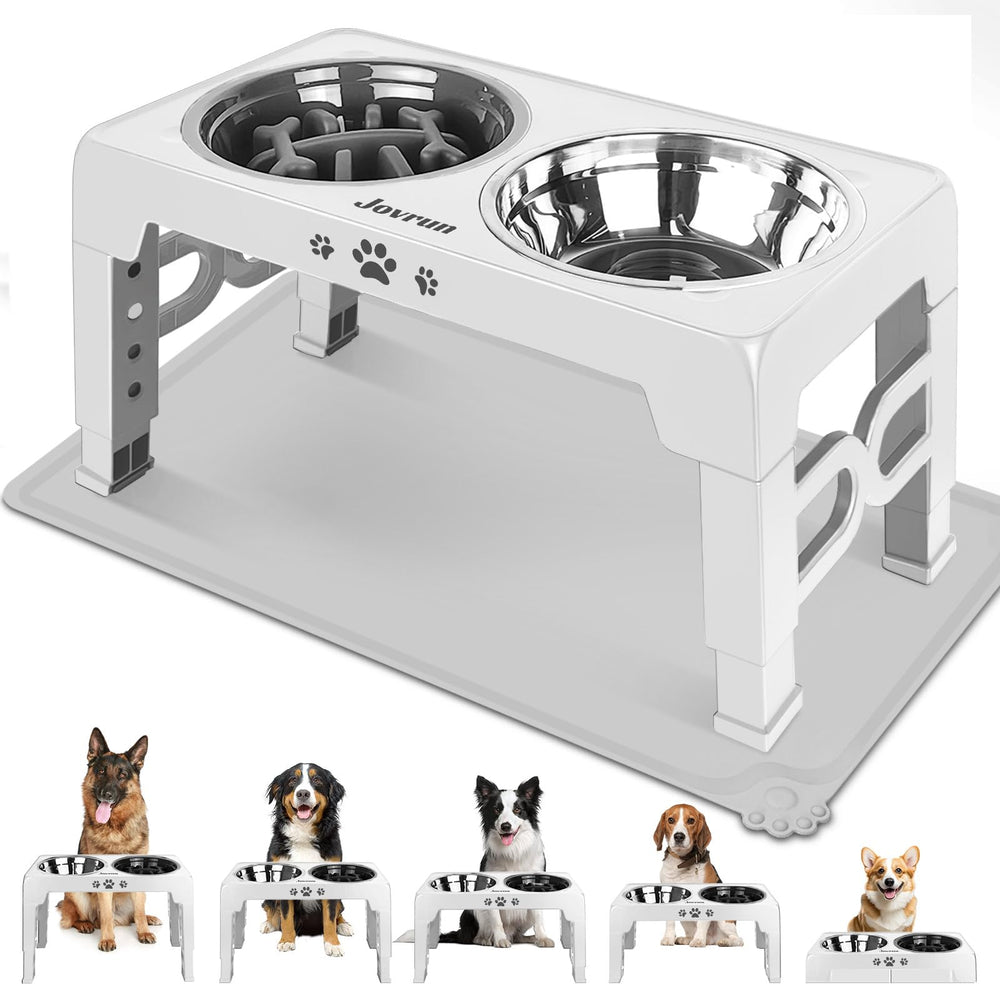 Jovrun elevated dog bowls stand-assembled demonstrates adjustable height for comfortable, neck-friendly mealtime.