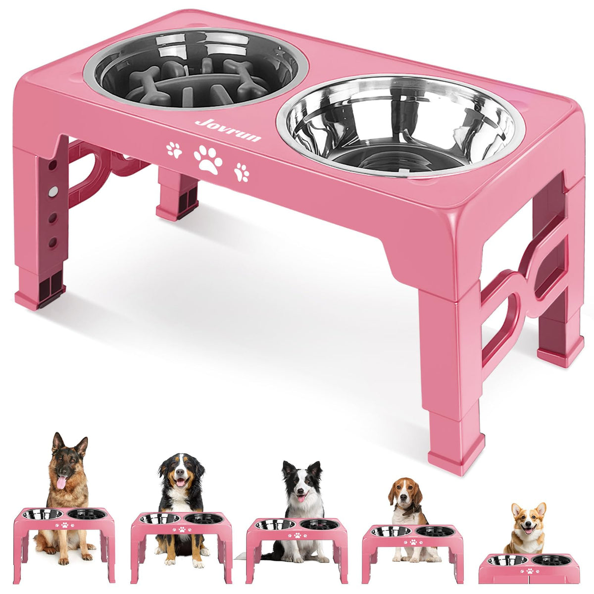Jovrun elevated bowls stand assembled for ergonomic feeding height.
