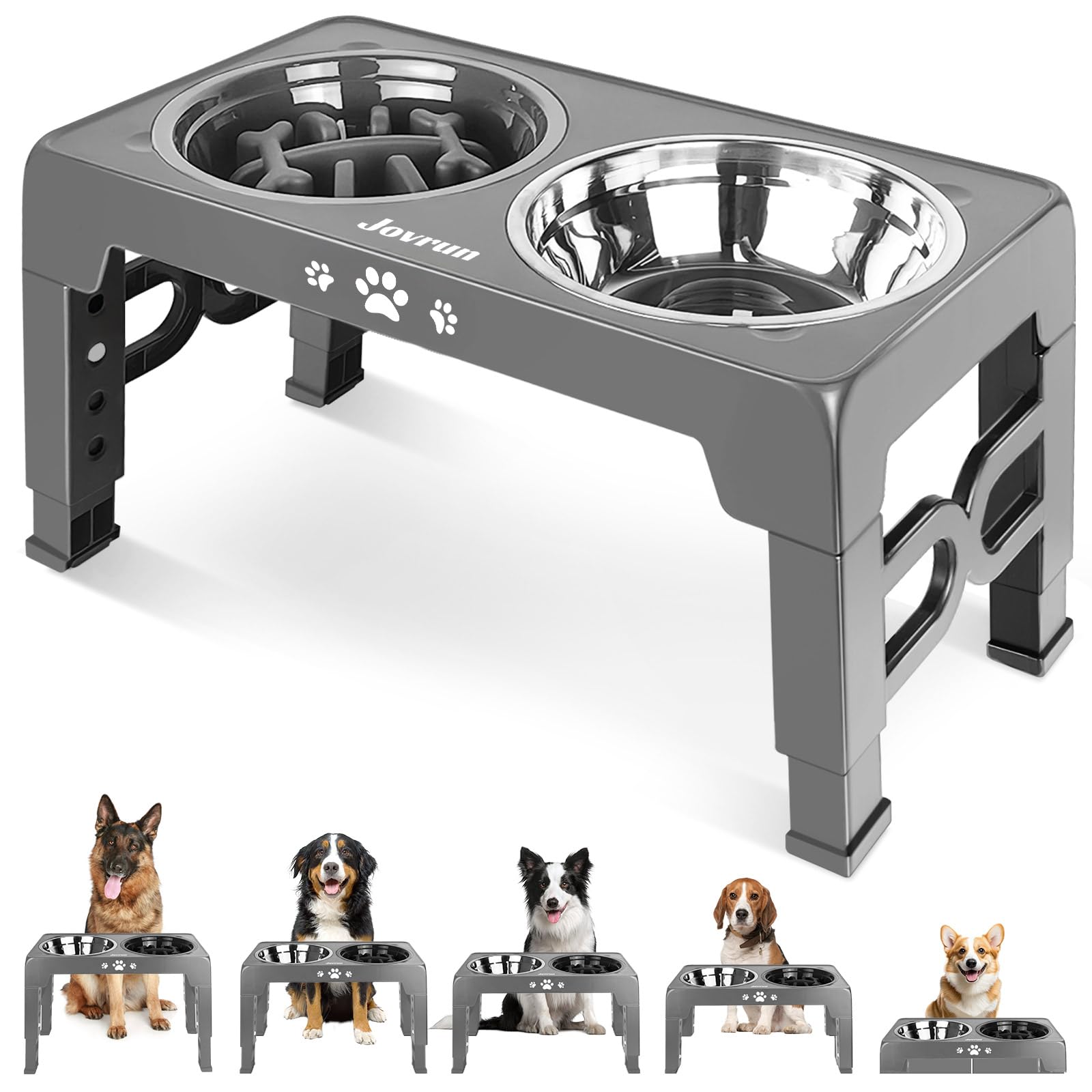 Jovrun elevated dog bowls stand provides comfortable feeding height for dogs.