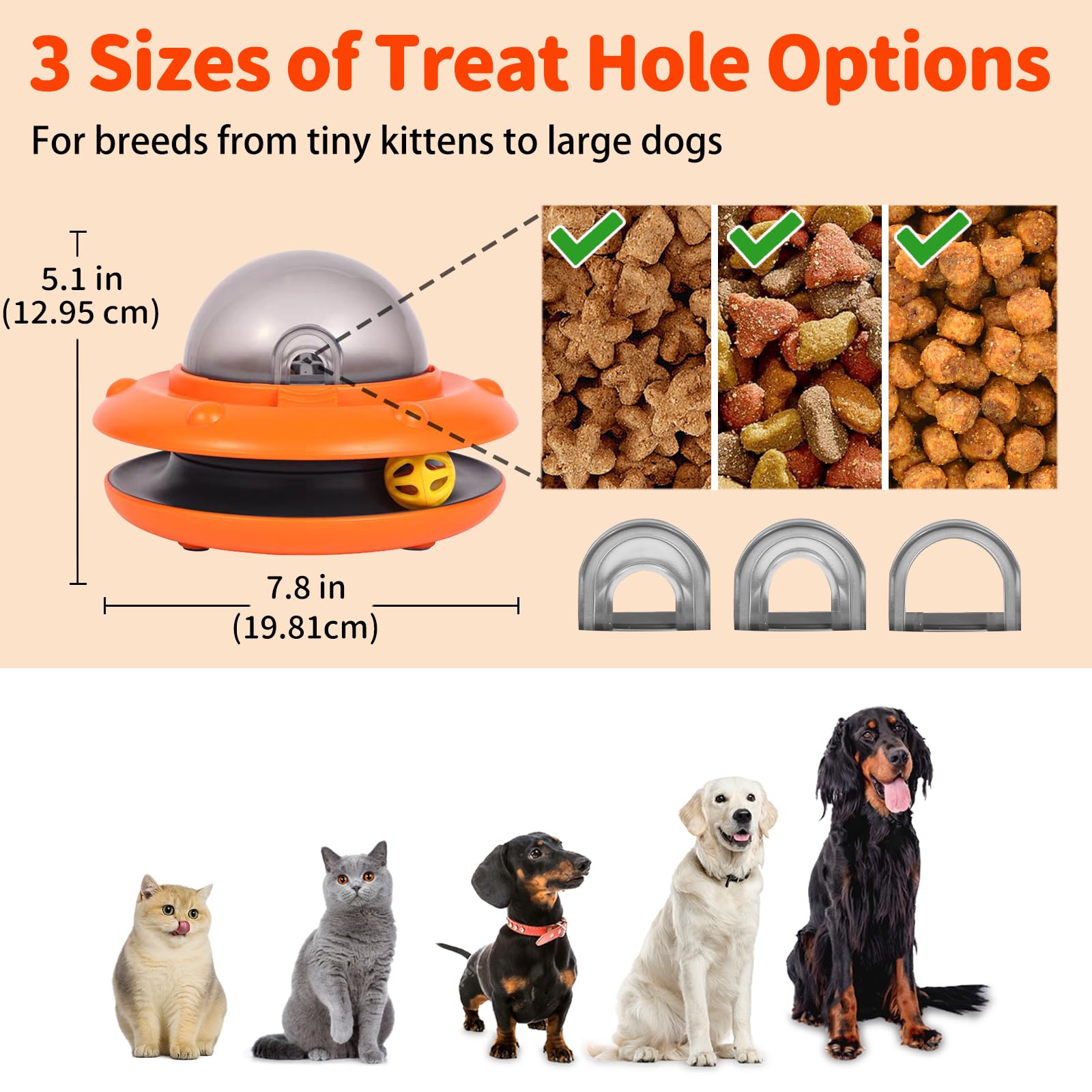 JoyBruko adjustable treat hole with three sizes fits various kibble.