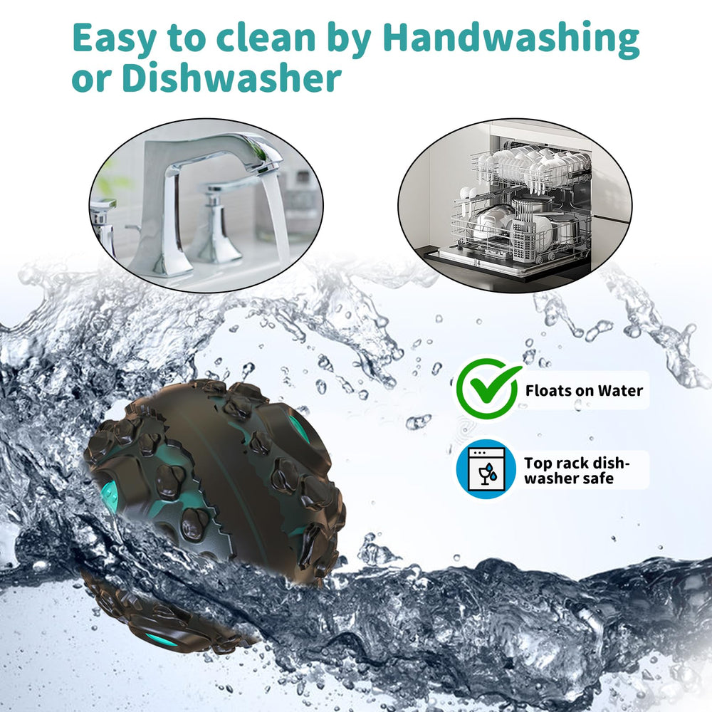 JoyBruko dog ball being cleaned demonstrates dishwasher-safe, easy cleanup.