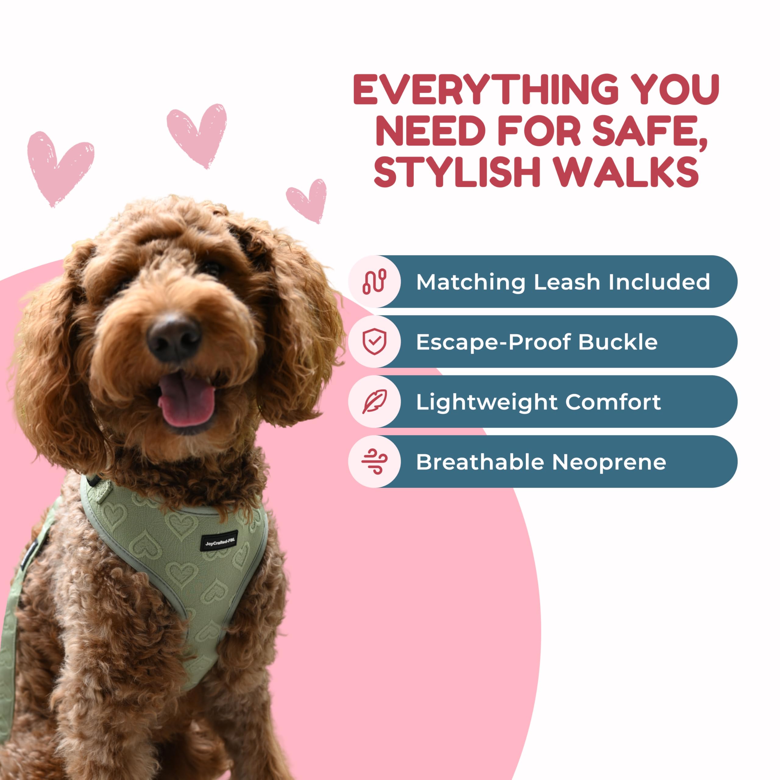 JoyCrafted-FBL heart-pattern harness with green fabric for stylish walks.