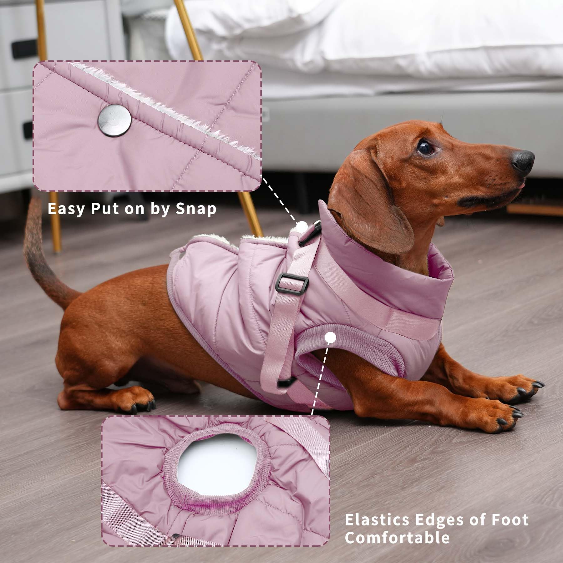 JoyDaog dog jacket with harness in light pink XXL close-up stitching for durability