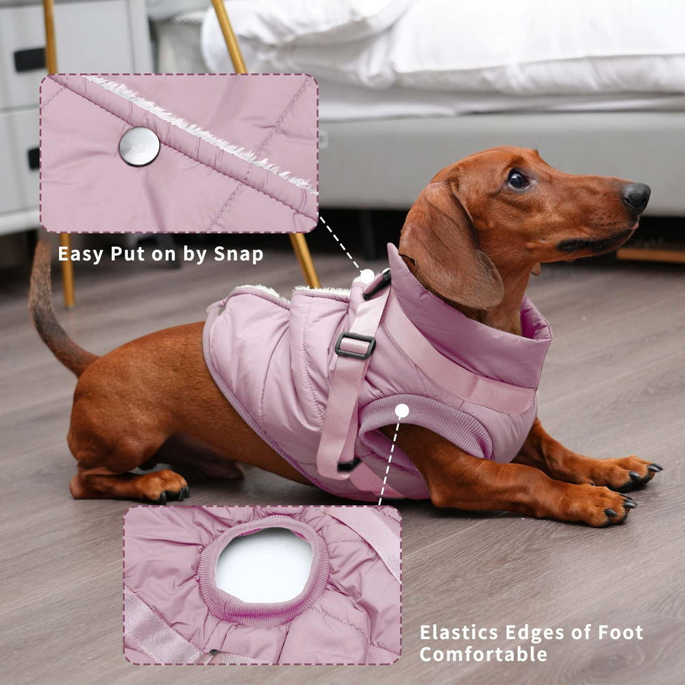 JoyDaog dog jacket with harness in light pink XXL close-up stitching for durability