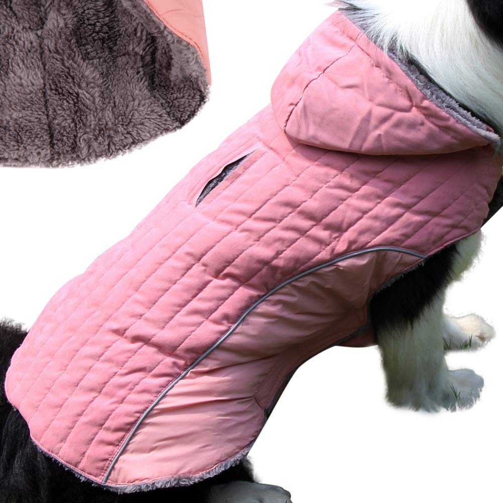 JoyDaog fleece hoodie pink dog front view showing snug warm fit for cold days