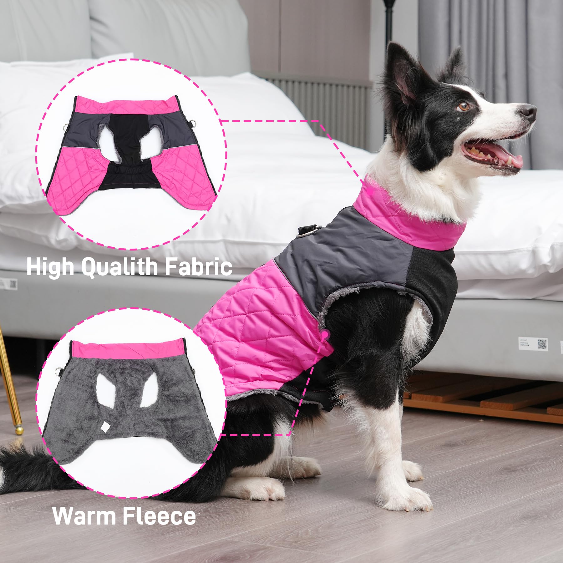 JoyDaog warm fleece dog coat pink reflective strips for night visibility.