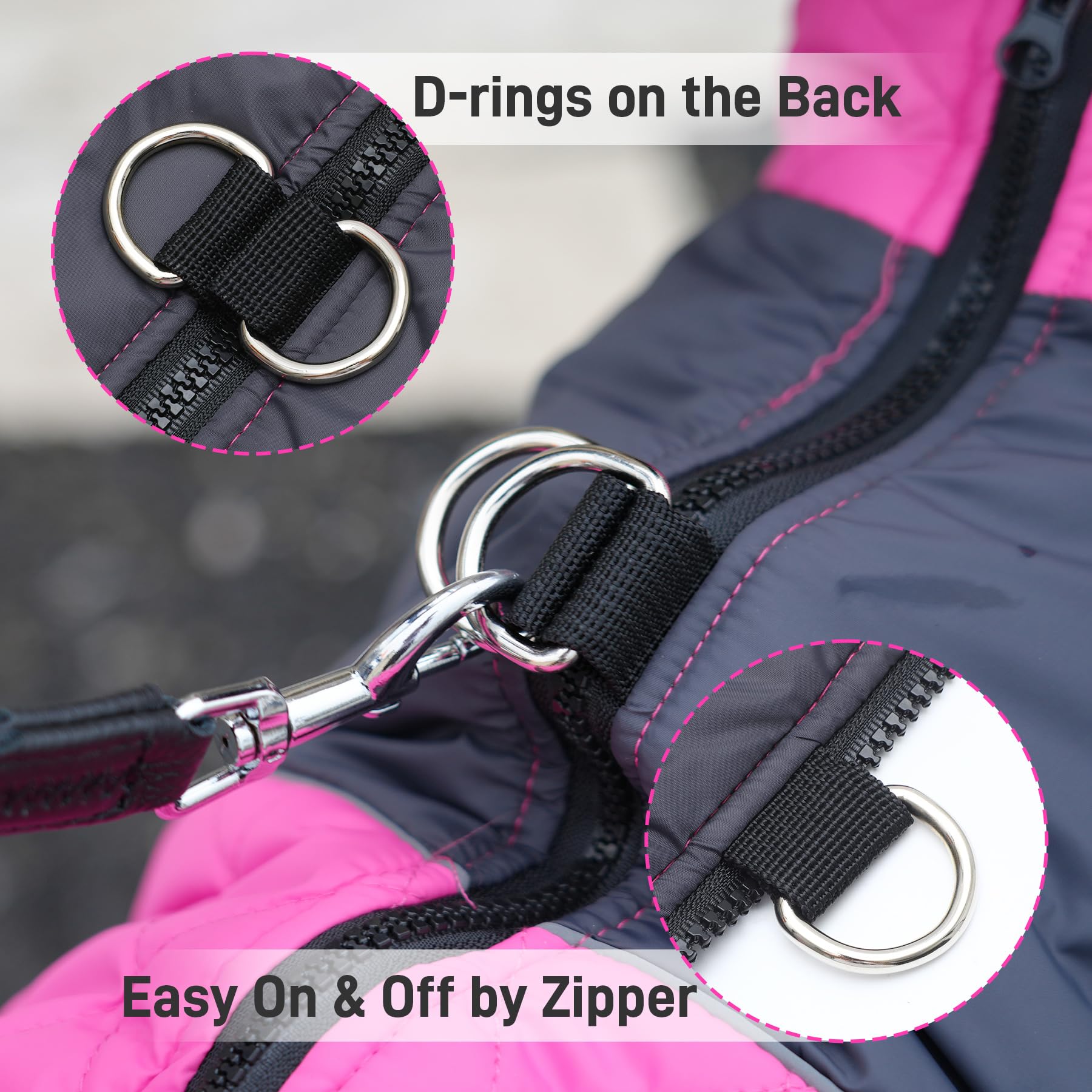 JoyDaog warm fleece dog coat pink zipper detail for easy on-off.