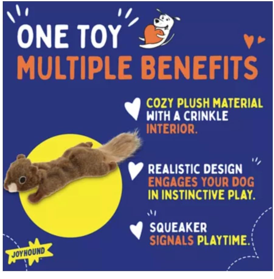 Joyhound dog cuddling with squirrel Flattie toy provides soothing companionship.