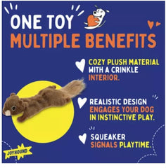 Joyhound dog cuddling with squirrel Flattie toy provides soothing companionship.