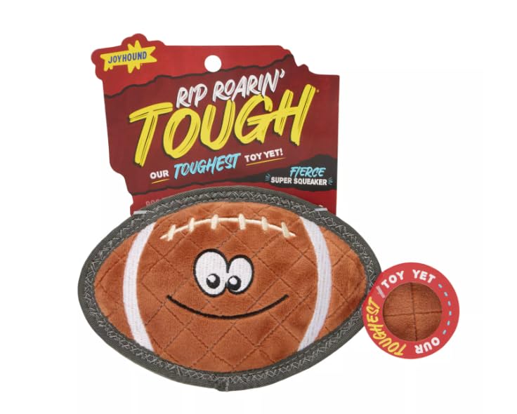 Joyhound Rip Roarin' football dog toy showcases strong cross-stitching for lasting tug sessions.