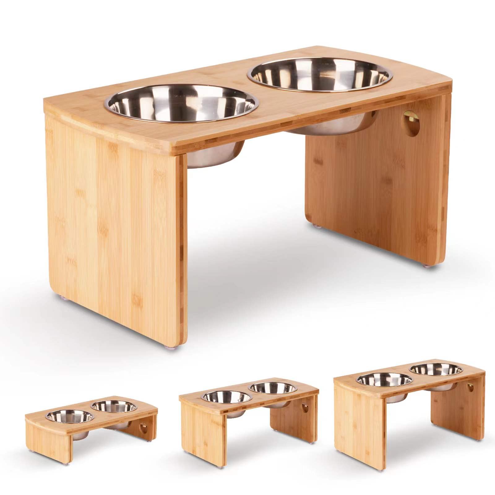 JOYOPAW elevated dog bowls stand showing sturdy bamboo frame for mess-free meals