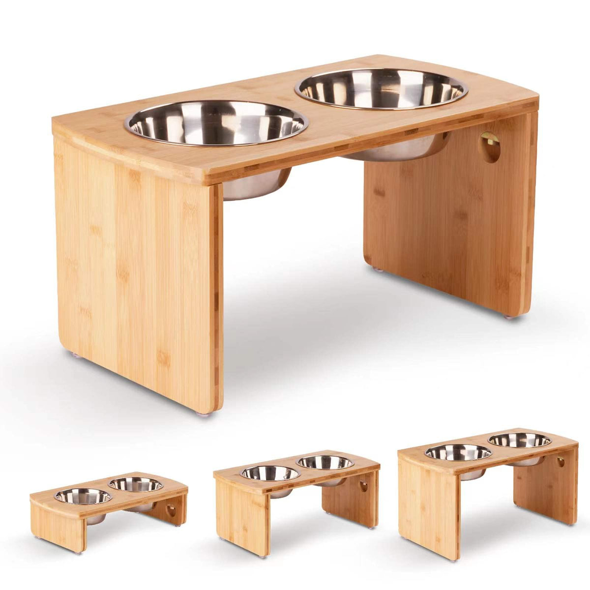 JOYOPAW elevated dog bowls stand showing sturdy bamboo frame for mess-free meals